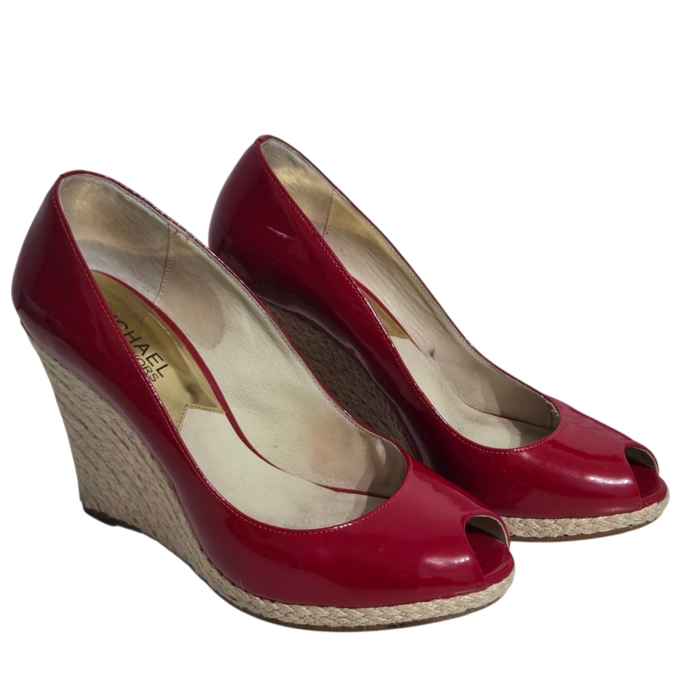  Michael Kors Keegan Red Patent Leather Wedge Peep-Toe  Sandals Size US 7
